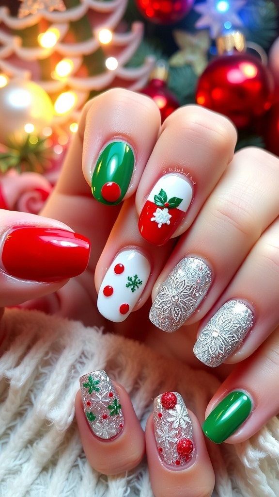 A festive display of Christmas nail art with red, green, and glitter designs on a holiday-themed background.